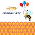 illustration, cartoon cute bee flying on honeycomb with three balloons, yellow